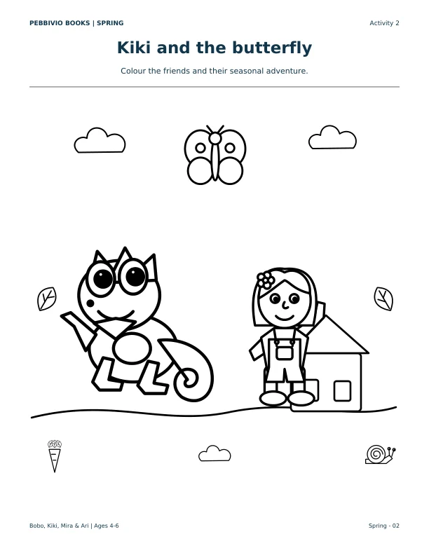 Sample colouring page of Kiki and Mira